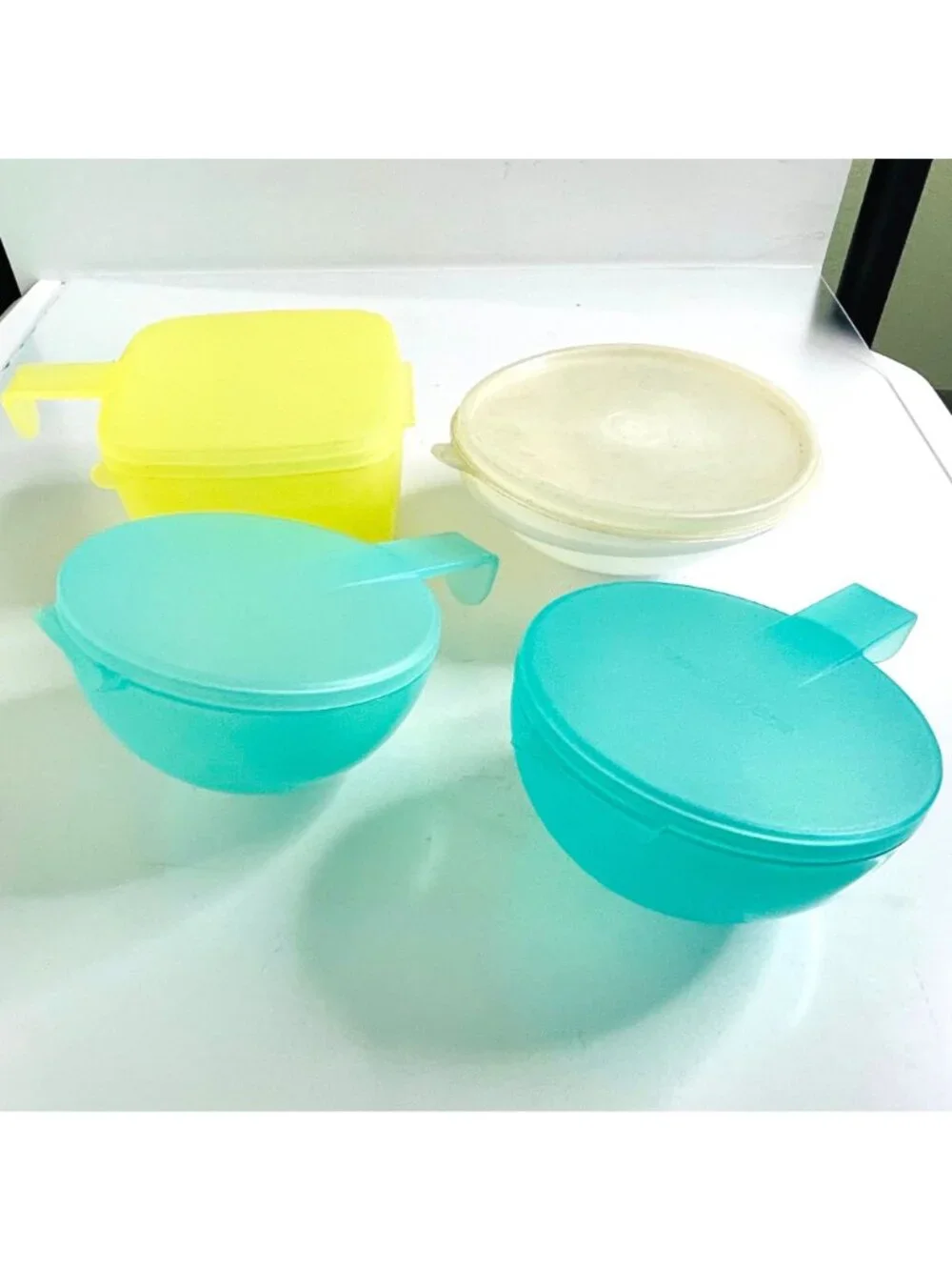 Vintage Tupperware Lot of 4 Yellow Cheese Keeper 2 Teal Fruit Keepers 1 Dip Bowl